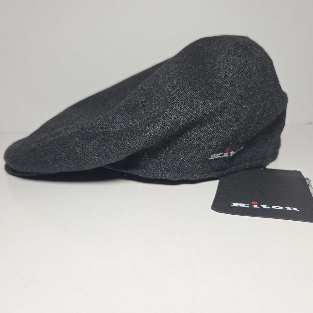 NWT Kiton Napoli Newsboy Flat Cap 59 Charcoal Grey Virgin Wool Ivy Hat Italy